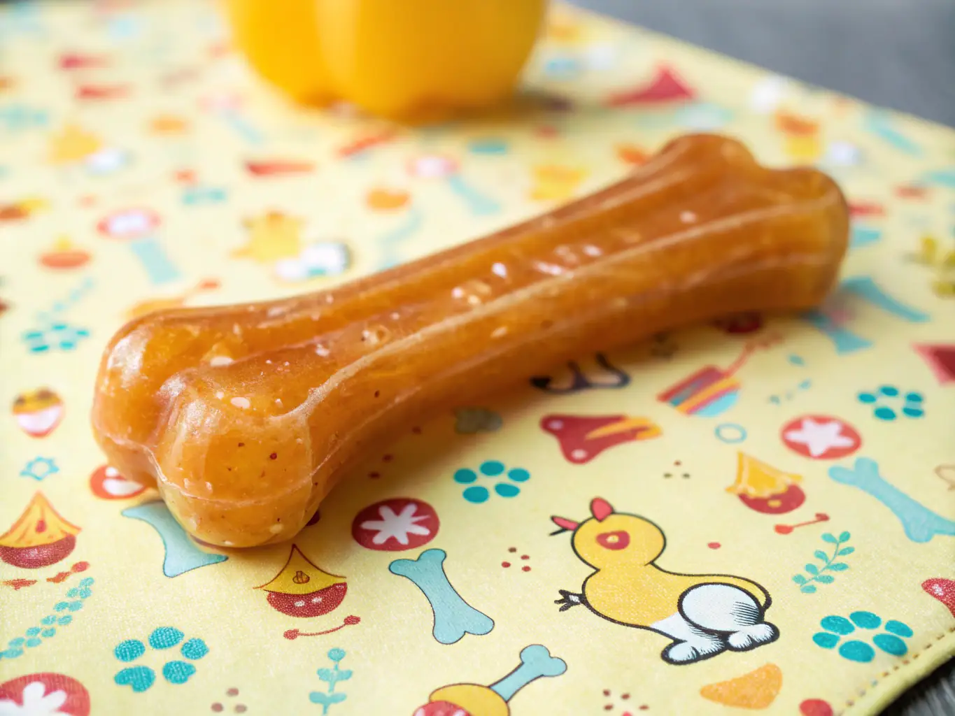 A vibrant image of a chicken-flavored dog bone, highlighting its appealing color and shape, set against a playful background.