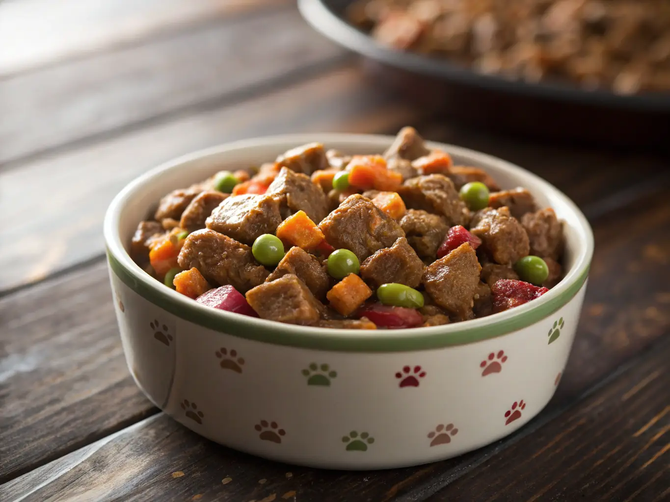 A high-quality photograph showcasing a beef-flavored dog bone, with visible texture and appetizing appearance, placed on a clean, modern surface.