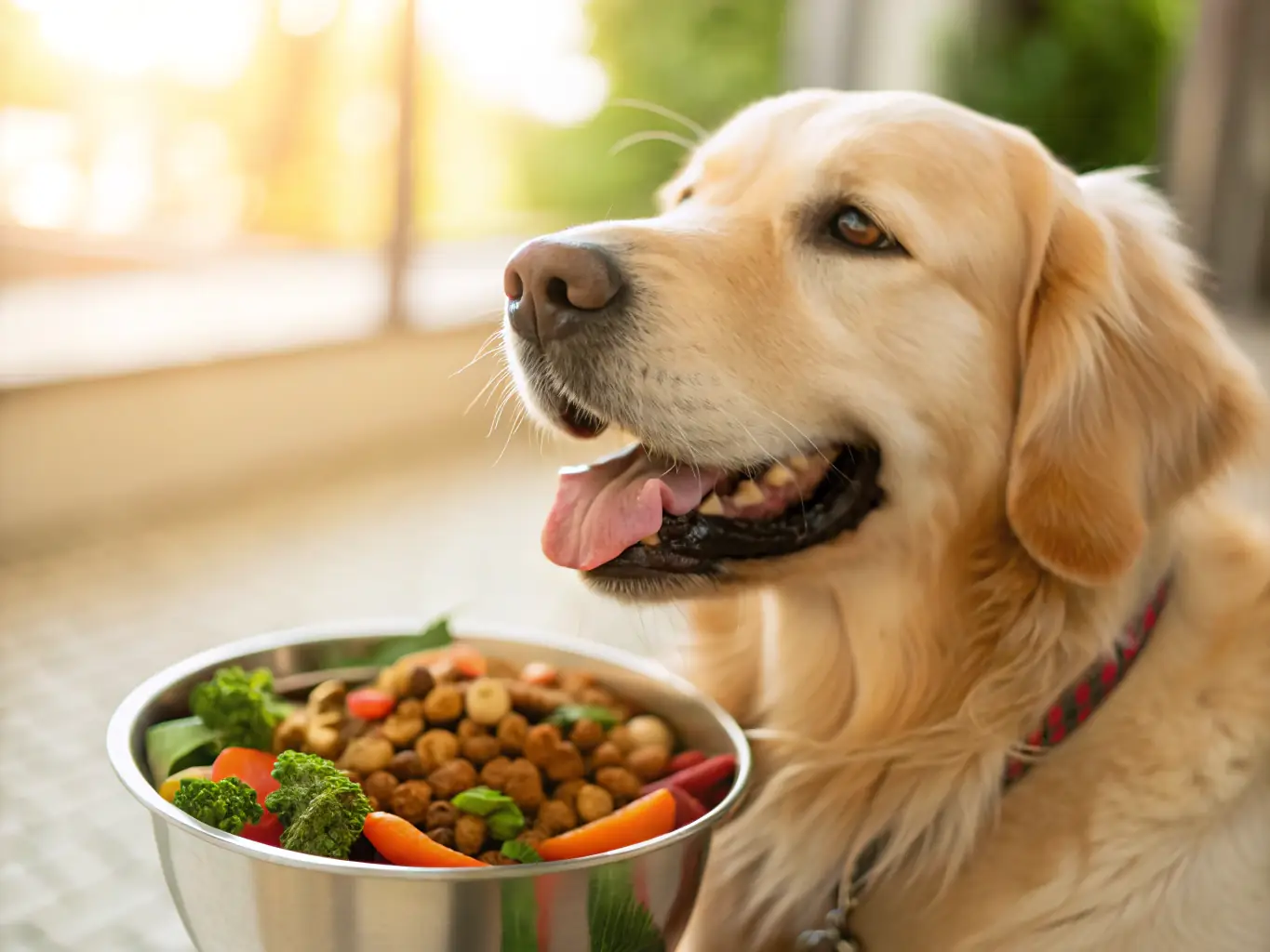 A close-up shot of a Wooflerz beef-flavored dog bone, highlighting its texture and savory appearance. The bone is placed on a rustic wooden surface with a blurred background of a happy dog.