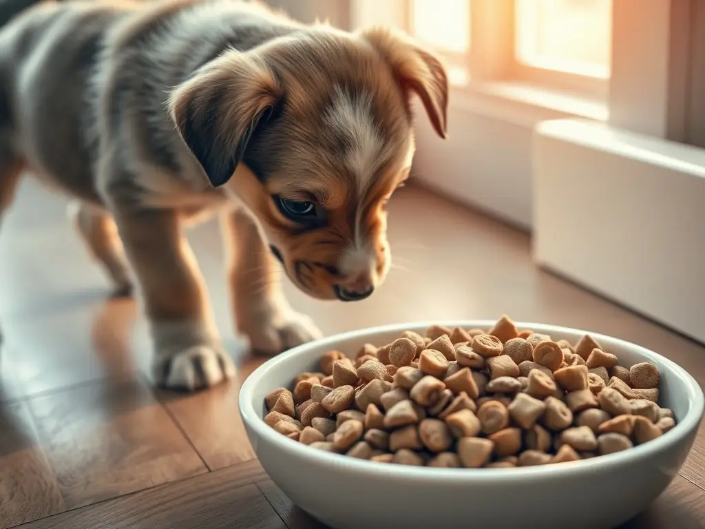 A vibrant image of a Wooflerz chicken-flavored dog bone, showcasing its appealing color and shape. The bone is surrounded by fresh herbs and a blurred background of a playful puppy.